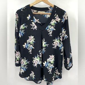 41 Hawthorn Black Floral Print Long Sleeve V Neck Tunic Top Size Small